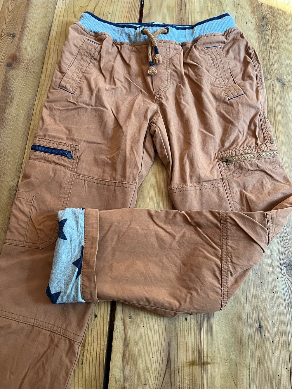 MINI BODEN 12 Brown Navy Cotton Lined Cargo Pants Stars